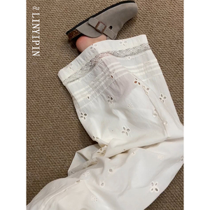 白色蕾丝阔腿镂空裤子女款胖mm夏季薄款大码显瘦运动亚麻老钱风裤
