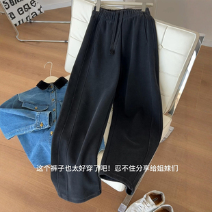 黑色加绒弯刀裤女高个子慵懒风镰刀裤大码胖mm香蕉宽松休闲运动裤