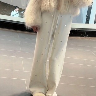 韩系慵懒风白色烫钻糯米裤女款春季大码垂坠感阔腿直筒亮闪闪裤子