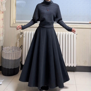 女装 大码 a字大摆长裙梨形伯克利裙子 百褶半身裙2025新款 黑色西装