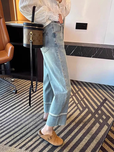 大码浅色新款阔腿九分牛仔裤女春夏季胖mm小个子宽松显瘦烟管裤子