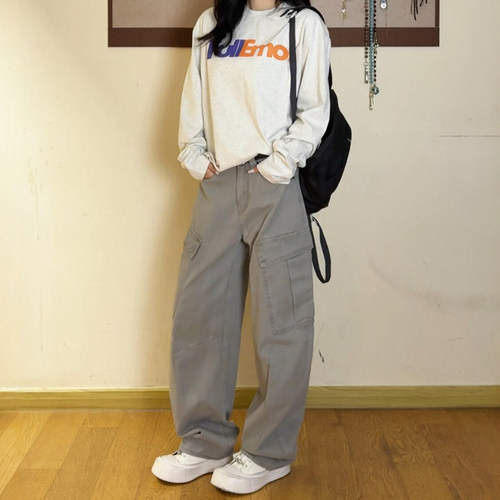 灰色工装阔腿裤真的超好穿~