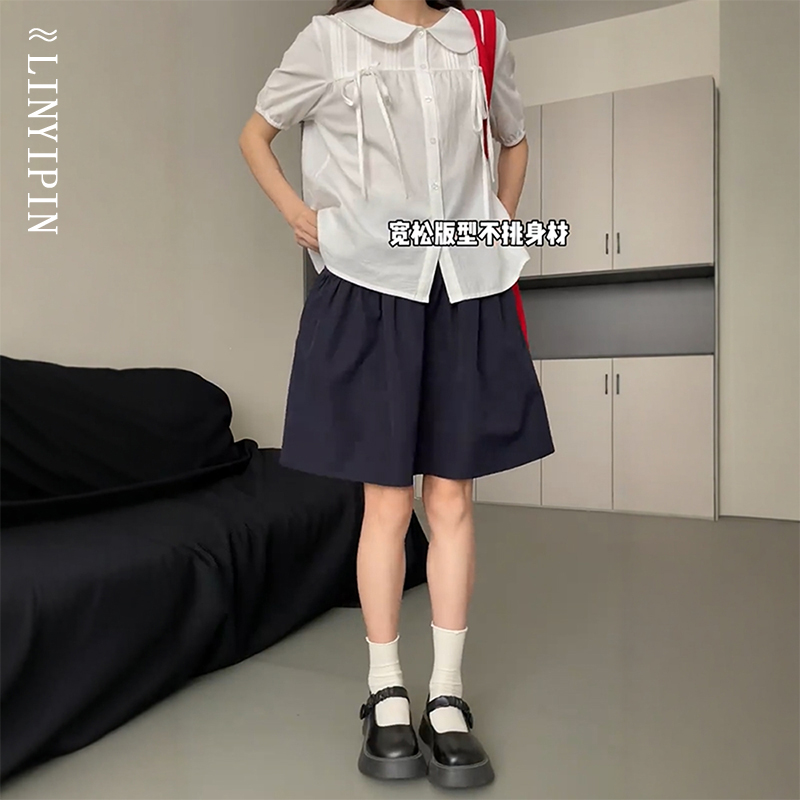 胖mm日系藏青色半身裙女夏季大码工装短裙小个子学院风a字五分裙