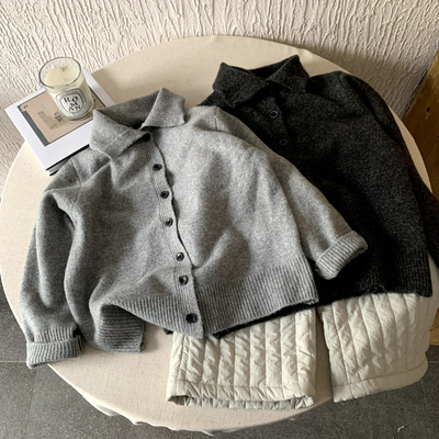 儿童设计感复古立领毛衣男童外套秋冬季加厚高领女童翻领针织开衫