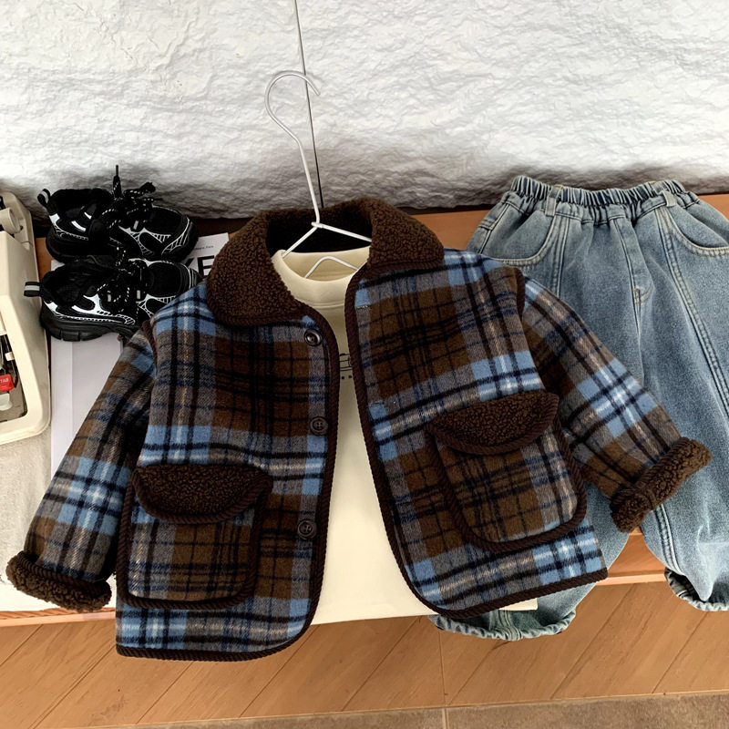 男童毛呢格子外套加绒加厚秋冬2025新款中小儿童女宝宝呢子上衣潮