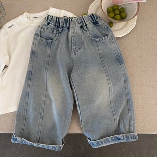 男童韩版阔腿裤2025春季新款百搭洋气直筒宽松软牛仔刷白儿童长裤