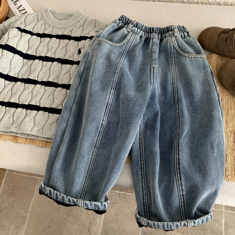 男童一体绒牛仔裤冬装儿童加绒裤子2025新款中大童春秋洋气弯刀裤