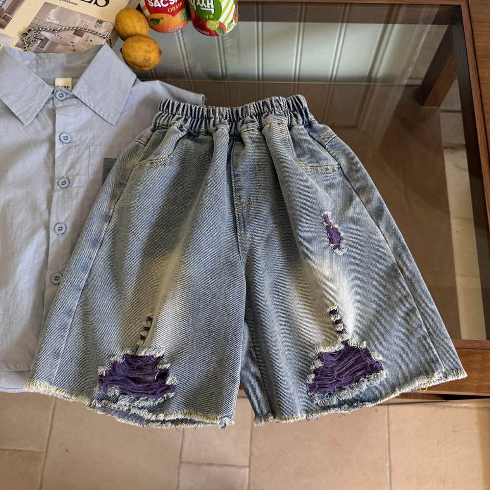 男童夏季短裤儿童韩版2025新款潮范破洞牛仔裤复古童装夏装五分裤