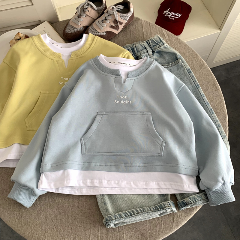 男童卫衣秋装儿童长袖t恤百搭2025新款女童假两件春秋韩版上衣潮T