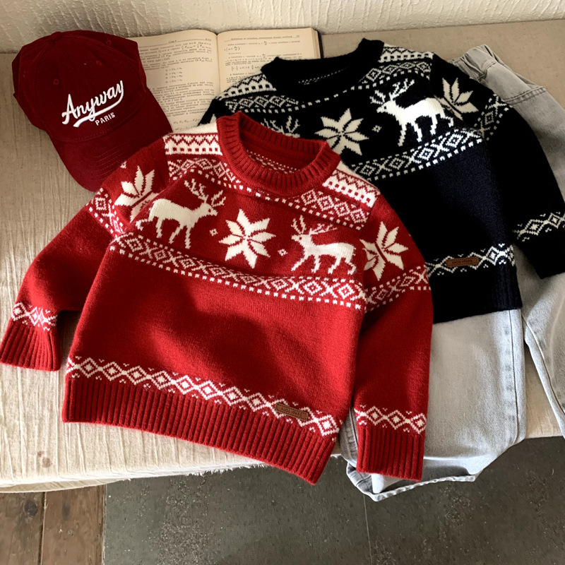 雪花毛衣中小童套头圆领时尚针织衫民族风2025速卖通新款秋冬上衣