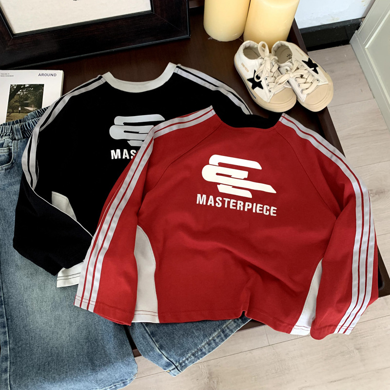 男童撞色拼接印花拉条长袖t恤秋装新款儿童圆领套头打底衫上衣潮T