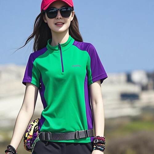 户外速干衣长短袖T恤女上衣拼色立领修身显瘦防晒透气弹力运动