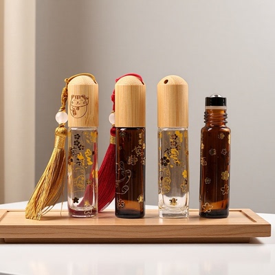 天然竹盖招财猫滚珠瓶10ml流苏精油宝石走珠分装瓶DIY可定制logo