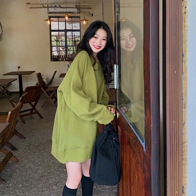 秋冬加绒加厚绿色圆领卫衣女