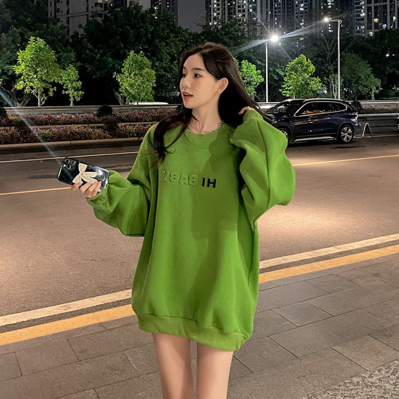 春秋薄款绿色卫衣女2026新款爆款中长款宽松加绒慵懒风潮ins外套