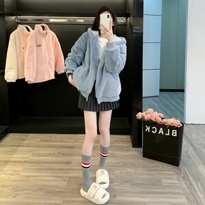 蓝色羊羔绒小香风外套连帽卫衣女2023新款爆款秋冬加绒中长款上衣
