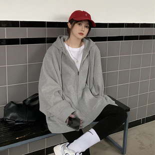 灰色开衫卫衣女春秋薄款欧货大版2026新款爆款宽松中长款连帽外套