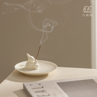 德化羊脂玉白瓷玉兔捣药香插手绘托盘套组禅意香炉卧室家居摆件