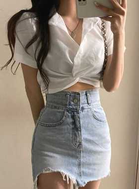 Rapcopter扭结设计感衬衫女短款露脐气质修身百搭辣妹短袖上衣潮