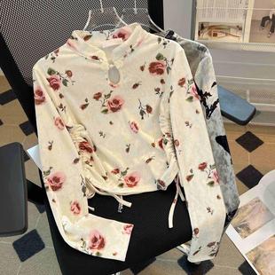 新中式盘扣丝绒打底衫女秋冬装2026年新款小个子气质修身长袖上衣