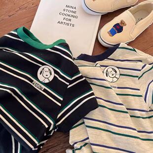2025儿童纯棉T恤男童宽松透气圆领上衣宝宝潮童条纹卡通印花短袖