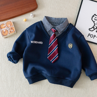 男童装秋冬季儿童帅气翻领Polo衫百搭假两件领带气质加绒长袖卫衣