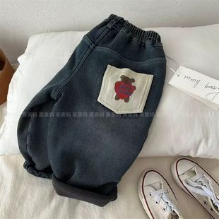 男童休闲长裤 儿童加绒牛仔裤 子韩版 秋冬宝宝一体绒加厚裤 2024新款