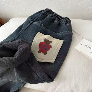 宝宝一体绒休闲直筒裤 儿童A类长裤 秋冬男女童卡通小熊加绒牛仔裤