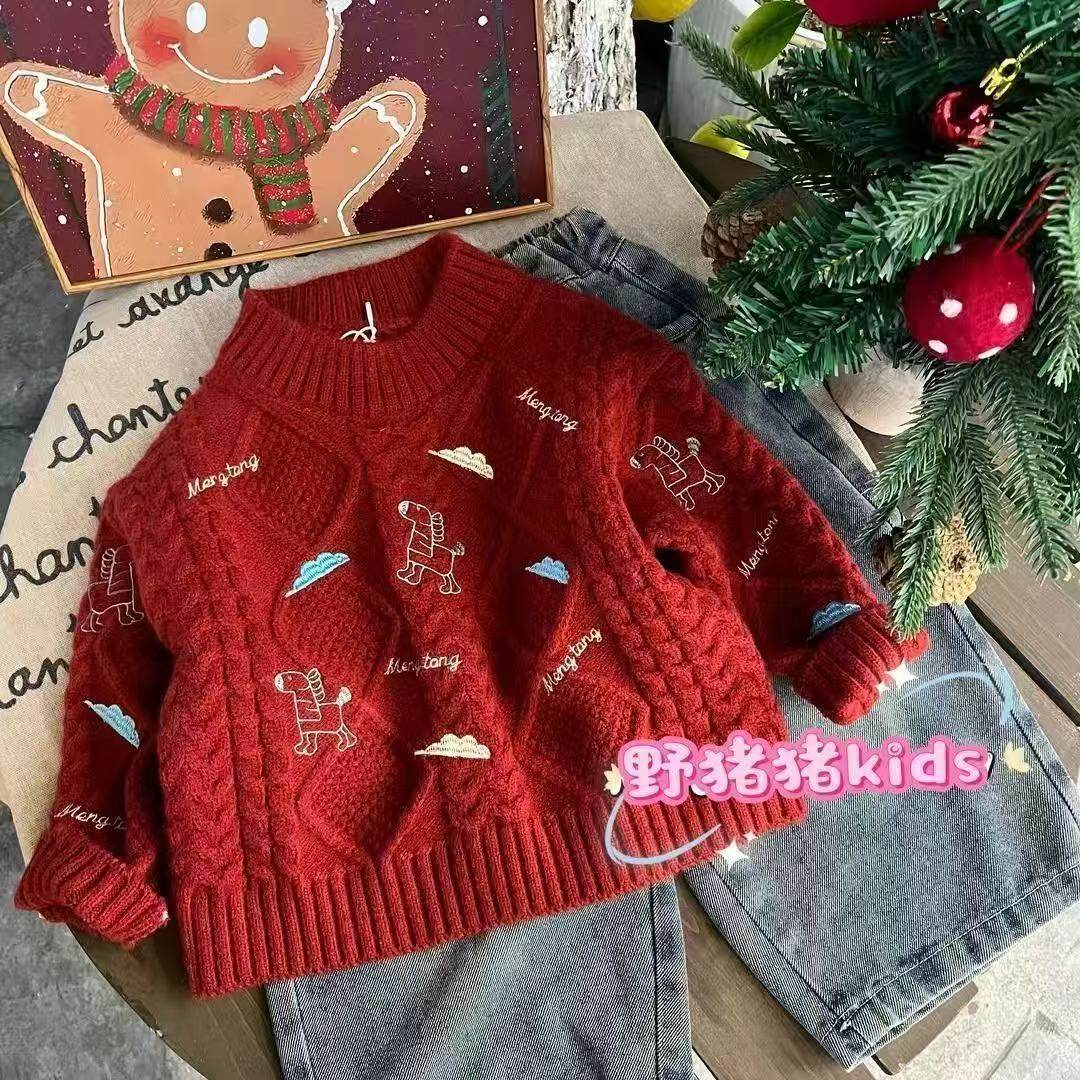红色儿童毛衣25秋冬拜年童装新年冬装纱线圆领加厚麻花保暖针织衫