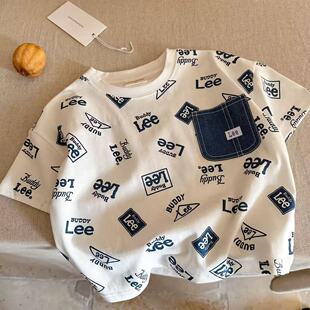 T女薄款 儿童短袖 小童满印上衣潮牌宝宝口袋半袖 男2025新款 T恤夏季