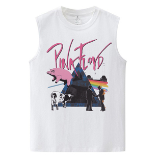 T恤白 休闲摇滚风坎肩背心无袖 PinkFloyd乐队纯棉美式 街头嘻哈夏季
