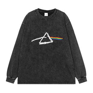 T恤 街头手绘摇滚落肩宽松长袖 Pink Floyd乐队水洗做旧灰复古美式