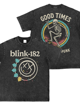 Blink-182乐队数码直喷水洗做旧复古灰美式街头朋克摇滚短袖T恤