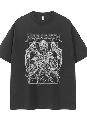 Megadeth乐队复古美式街头小众设计感vtg落肩宽松摇滚短袖T恤衫
