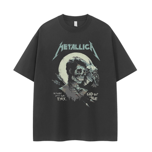 Metallica金属乐队复古美式 T恤 街头暗黑vtg落肩宽松纯棉摇滚短袖