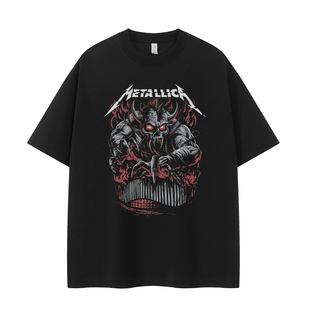 Metallica金属乐队复古美式 T恤 街头骷髅vtg落肩宽松纯棉摇滚短袖