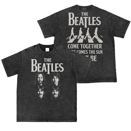 THE BEATLES乐队直喷水洗做旧复古灰美式街头朋克摇滚短袖T恤