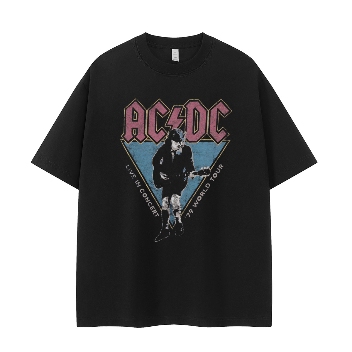ACDC乐队复古人像印花美式街头vtg落肩宽松纯棉圆领摇滚短袖T恤衫