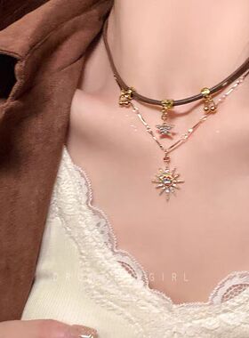 新款甜酷美拉德八芒星choker项链复古高级PU皮双层叠戴颈链锁骨链