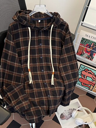 American Retro Street Style Hooded Pure Cotton Plaid Long-Sleeve Shirt for Men and Women, Loose and Versatile, Couple's Spring and Autumn Jacket, Trendy