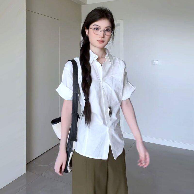 法式白领白色短袖衬衫女2