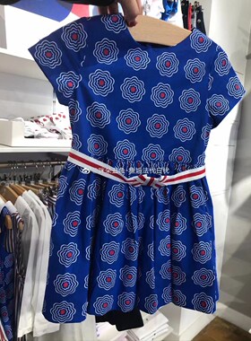 法国新款J童装 2021春夏女童蓝色团花短袖连衣裙4-12岁礼服裙包