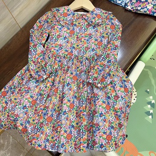 法单新款童装24秋女大童棉liberty花边碎花翻领百褶连衣裙公主裙