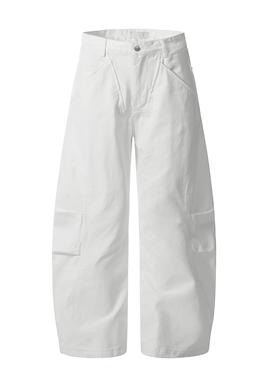 美式高街白色拼接设计感多口袋弯刀牛仔裤男女宽松百搭工装阔腿裤