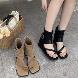 罗马凉靴真皮内增高中筒套趾坡跟凉鞋 新款 欧货女2025夏季 5cm内增