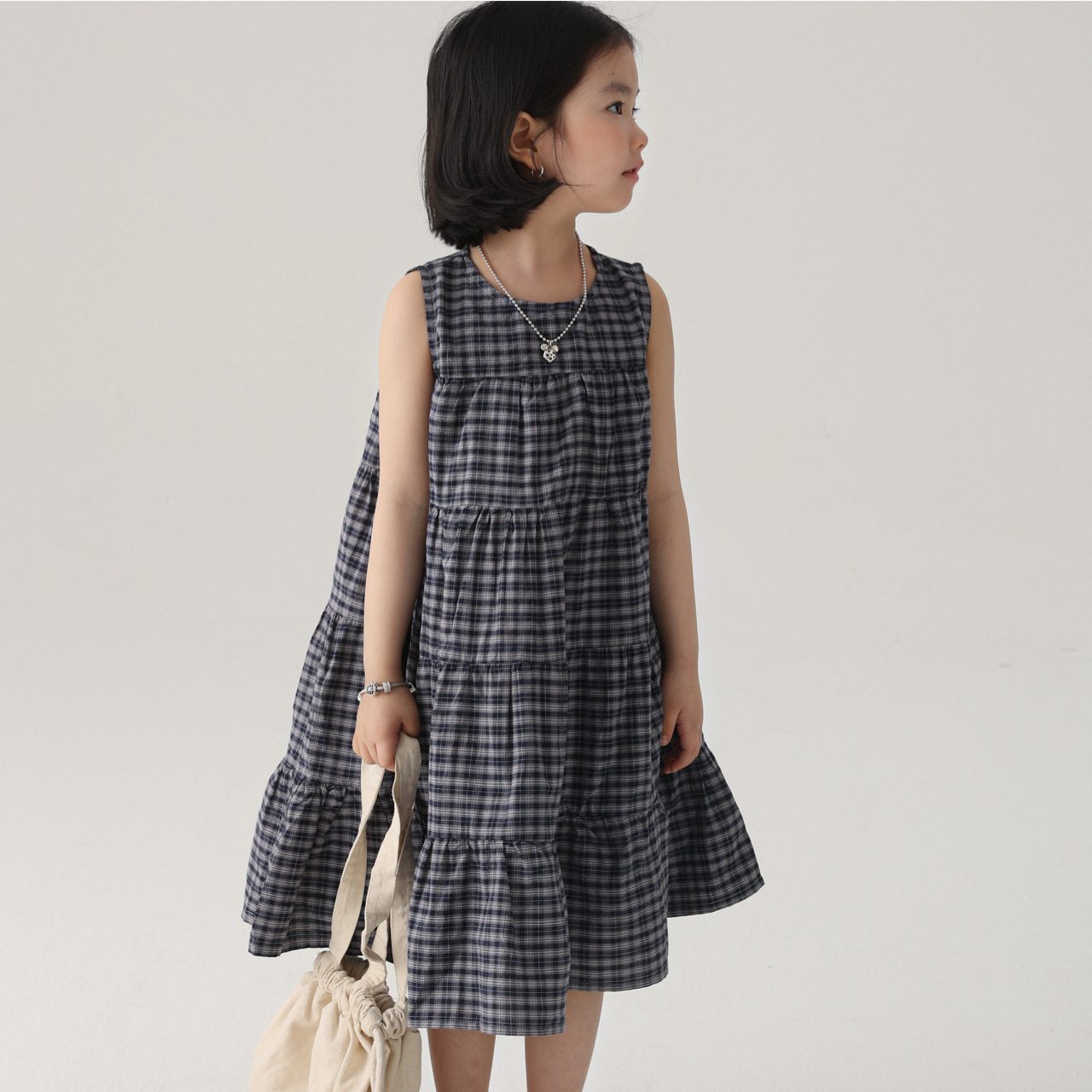 BOBOKIDS 2025年夏款童装日系女童格子蛋糕裙儿童无袖连衣裙亲子