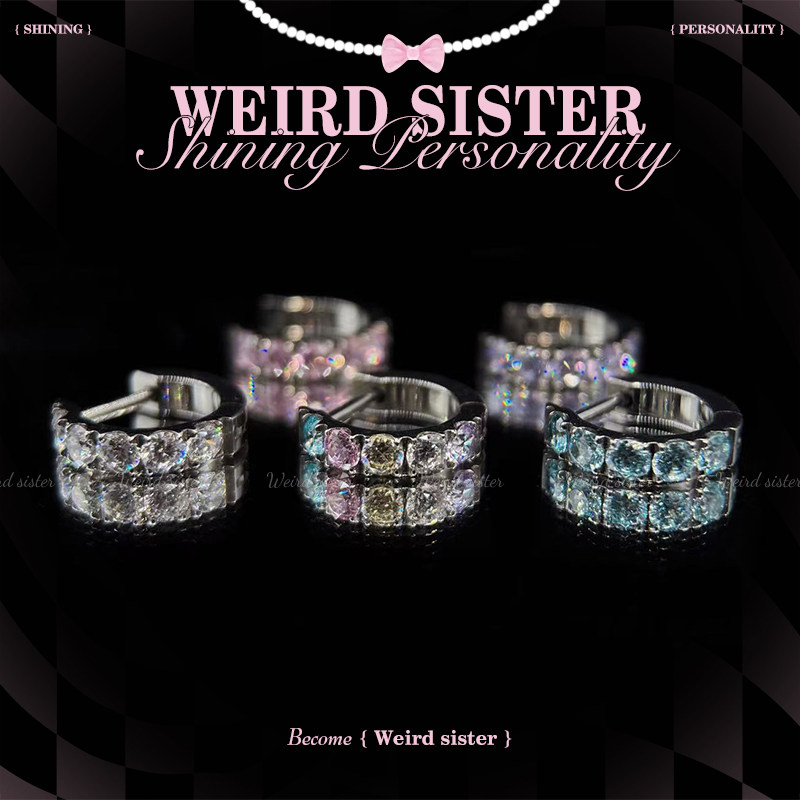 WEIRD SISTER直杆D形环耳圈高品质满钻钛合金耳钉直针免摘防过敏