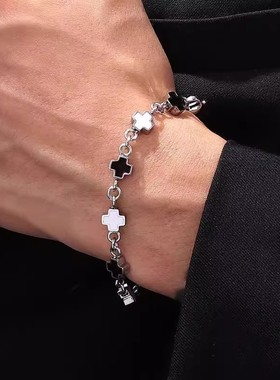 欧美跨境时尚黑白拼接十字架手链女百搭设计感手饰男新品高级手饰