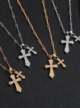 跨境新品十字架满钻钛钢项链男百搭高级感毛衣链不掉色饰品项链女