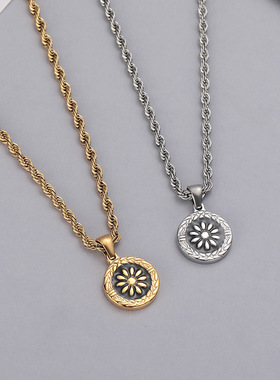 金色圆形古钱币镶嵌项链男女同款高级感百搭毛衣链防水防汗不掉色